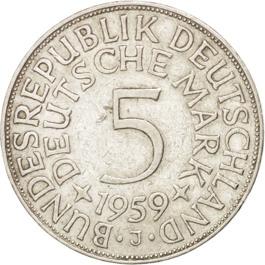 GERMANY - FEDERAL REPUBLIC, 5 Mark, 1959, Hambourg, KM #112.1, EF(40-45),...