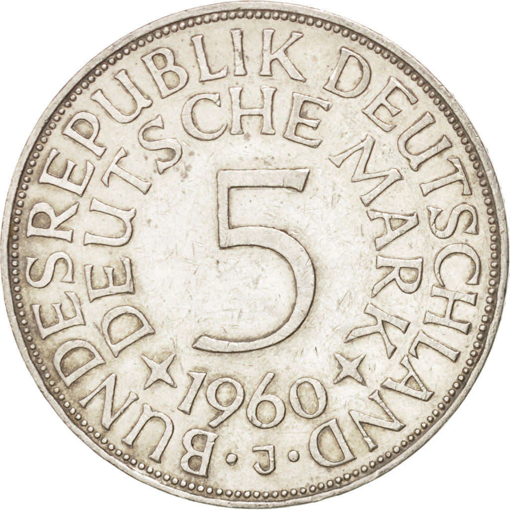 Coin, GERMANY - FEDERAL REPUBLIC, 5 Mark, 1960, Hambourg, AU(55-58), Silver