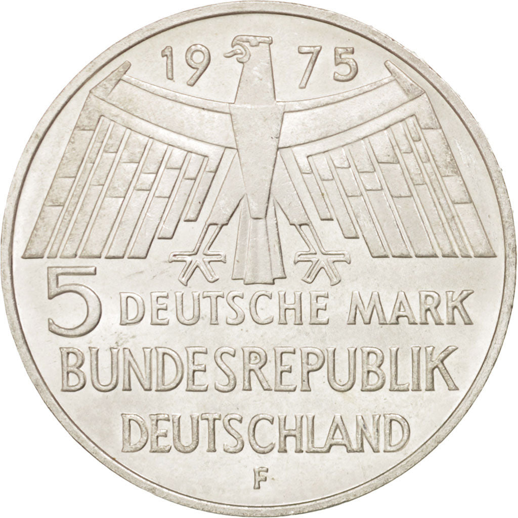 GERMANY - FEDERAL REPUBLIC, 5 Mark, 1975, Stuttgart, KM #142.1, MS(63), Silver,.