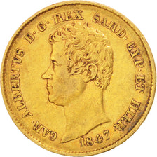 ITALIAN STATES, 20 Lire, 1847, Torino, KM #131.1, AU(50-53), Gold, 21, 6.44