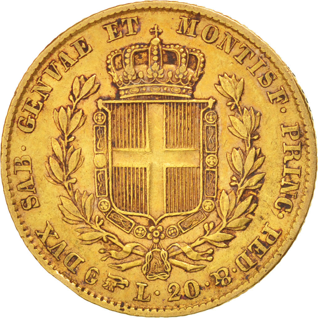 ITALIAN STATES, 20 Lire, 1847, Torino, KM #131.1, AU(50-53), Gold, 21, 6.44