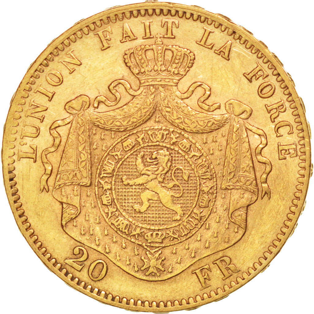 BELGIUM, 20 Francs, 20 Frank, 1870, KM #32, AU(55-58), Gold, 6.45