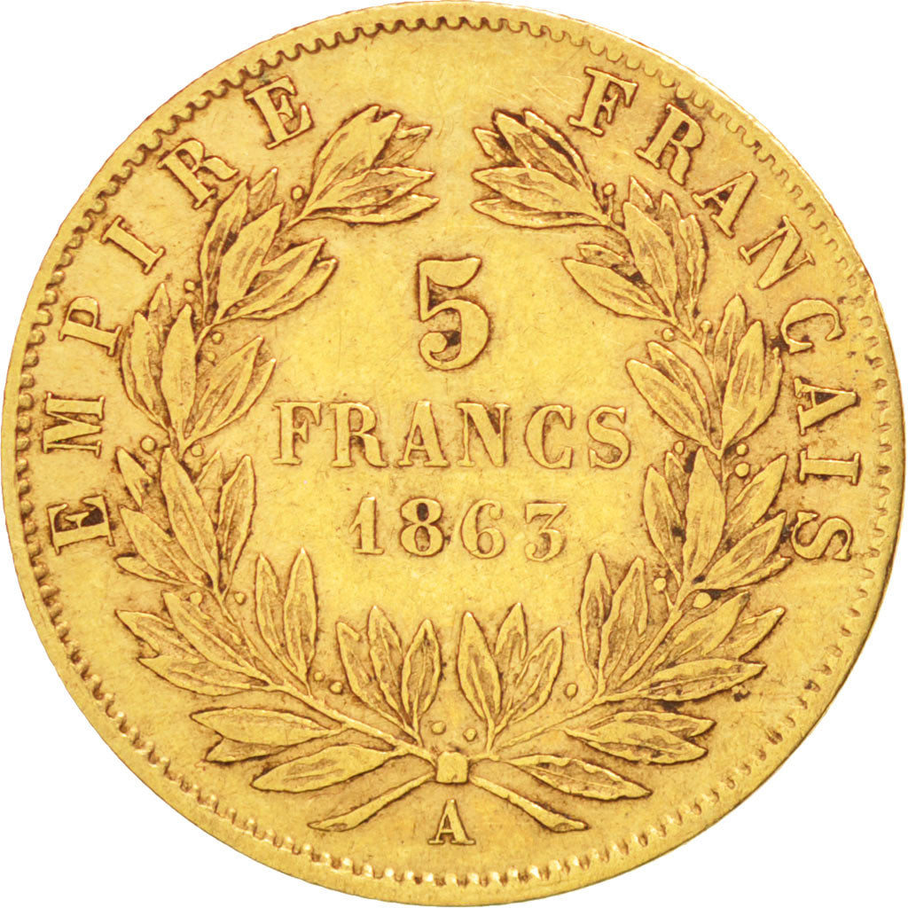 FRANCE, Napoléon III, 5 Francs, 1863, Paris, KM #803.1, EF(40-45), Gold, Gadoury