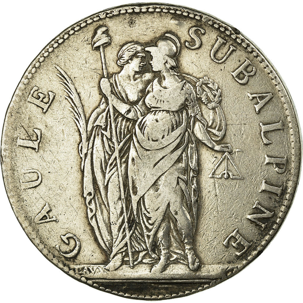 Coin, ITALIAN STATES, PIEDMONT REPUBLIC, 5 Francs, 1801, VF(30-35), Silver, KM:4