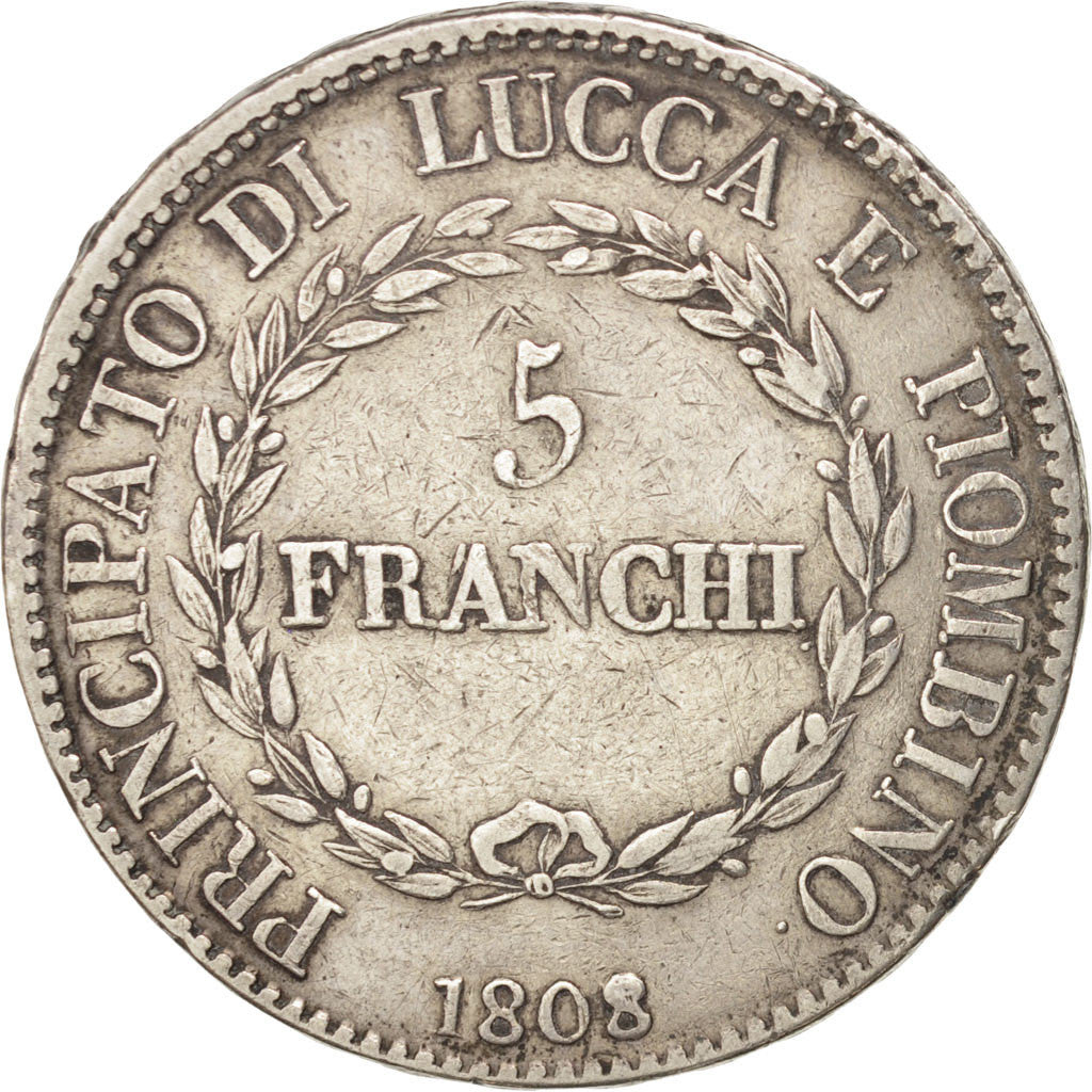 Coin, ITALIAN STATES, LUCCA, Felix and Elisa, 5 Franchi, 1808, Firenze