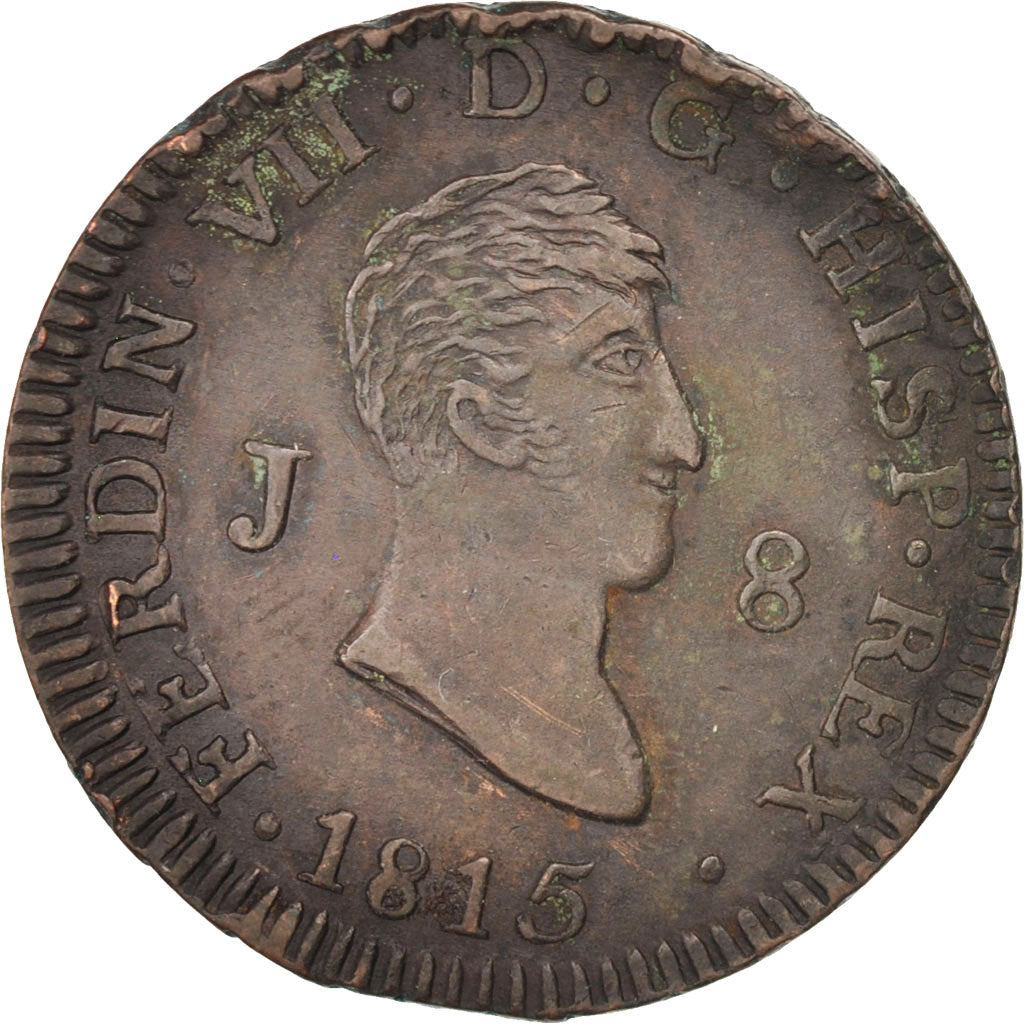 SPAIN, 8 Maravedis, 1815, Jubia, KM #461, AU(50-53), Copper, 10.04