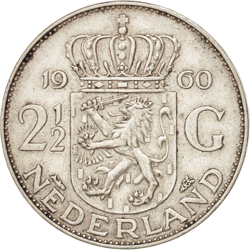 Coin, Netherlands, Juliana, 2-1/2 Gulden, 1960, AU(50-53), Silver, KM:185