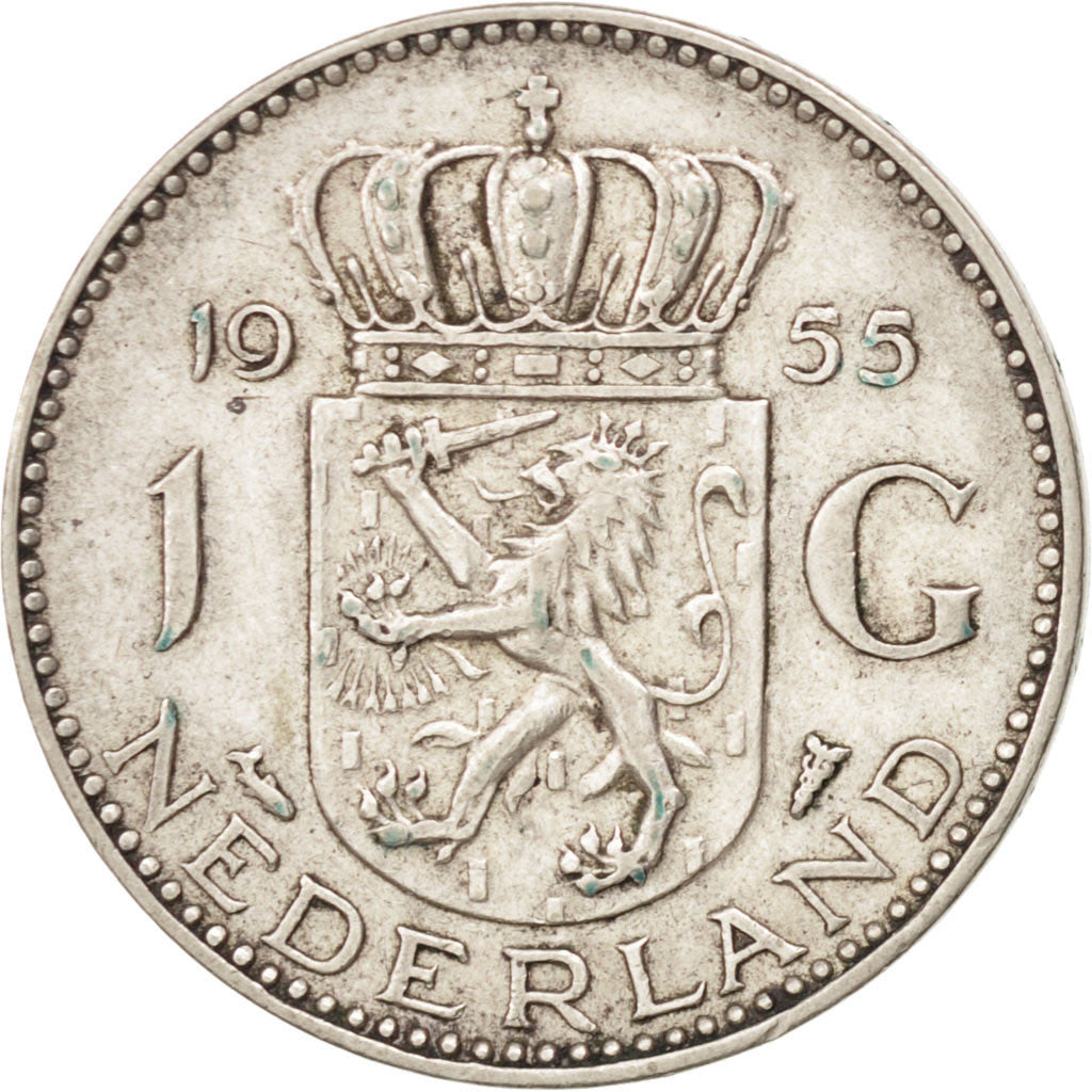 NETHERLANDS, Gulden, 1955, KM #184, AU(50-53), Silver, 25, 6.42