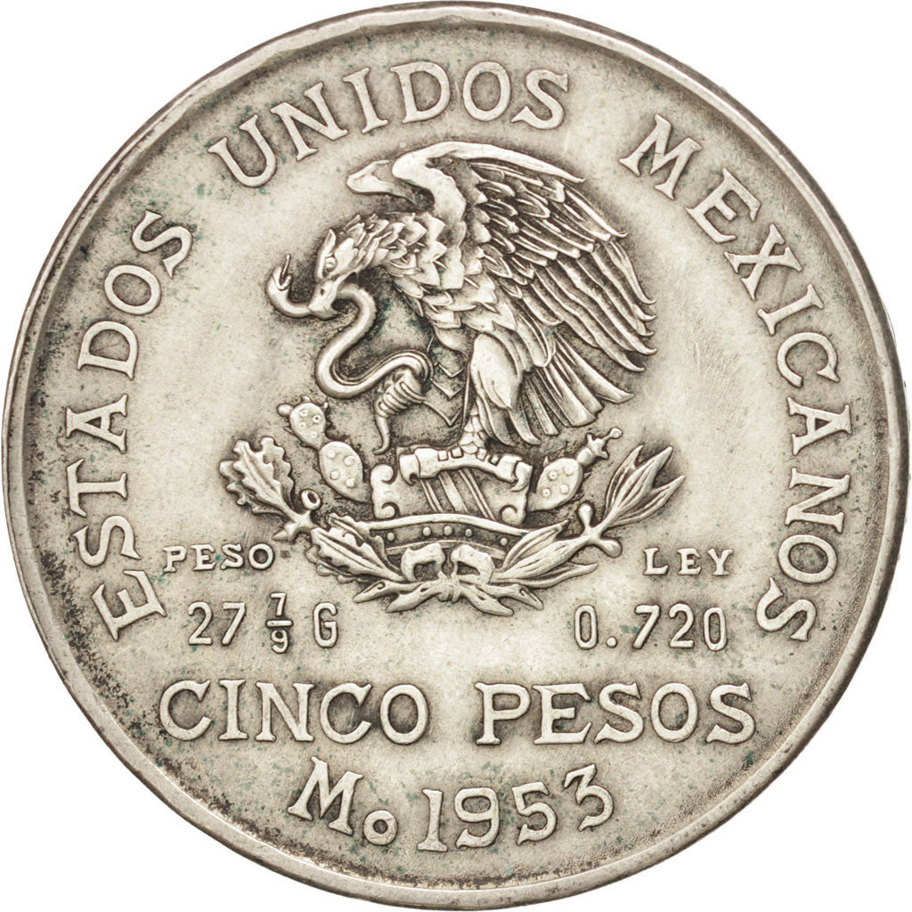 MEXICO, 5 Pesos, 1953, Mexico City, KM #467, AU(55-58), Silver, 40, 27.80
