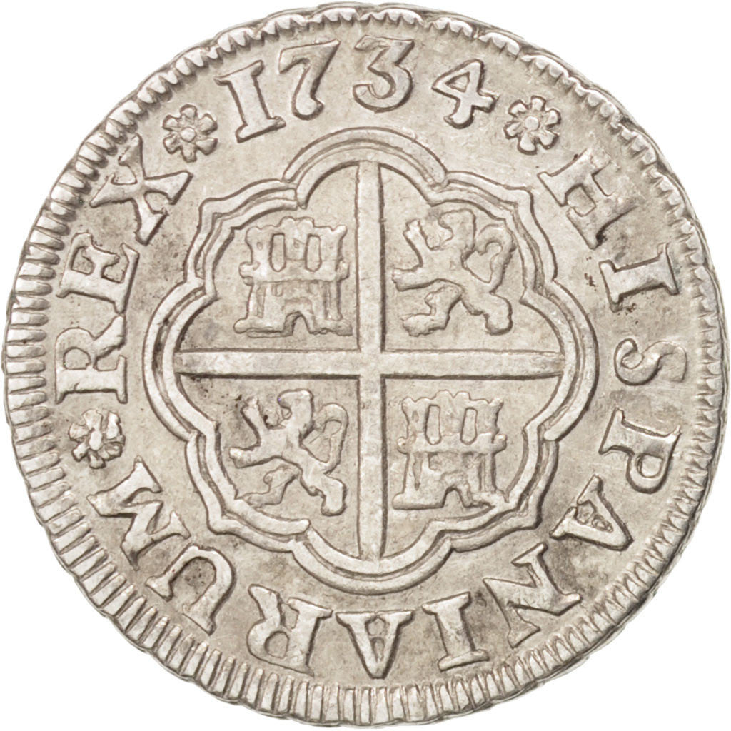 SPAIN, Real, 1734, Seville, KM #354, AU(50-53), Silver, 2.97