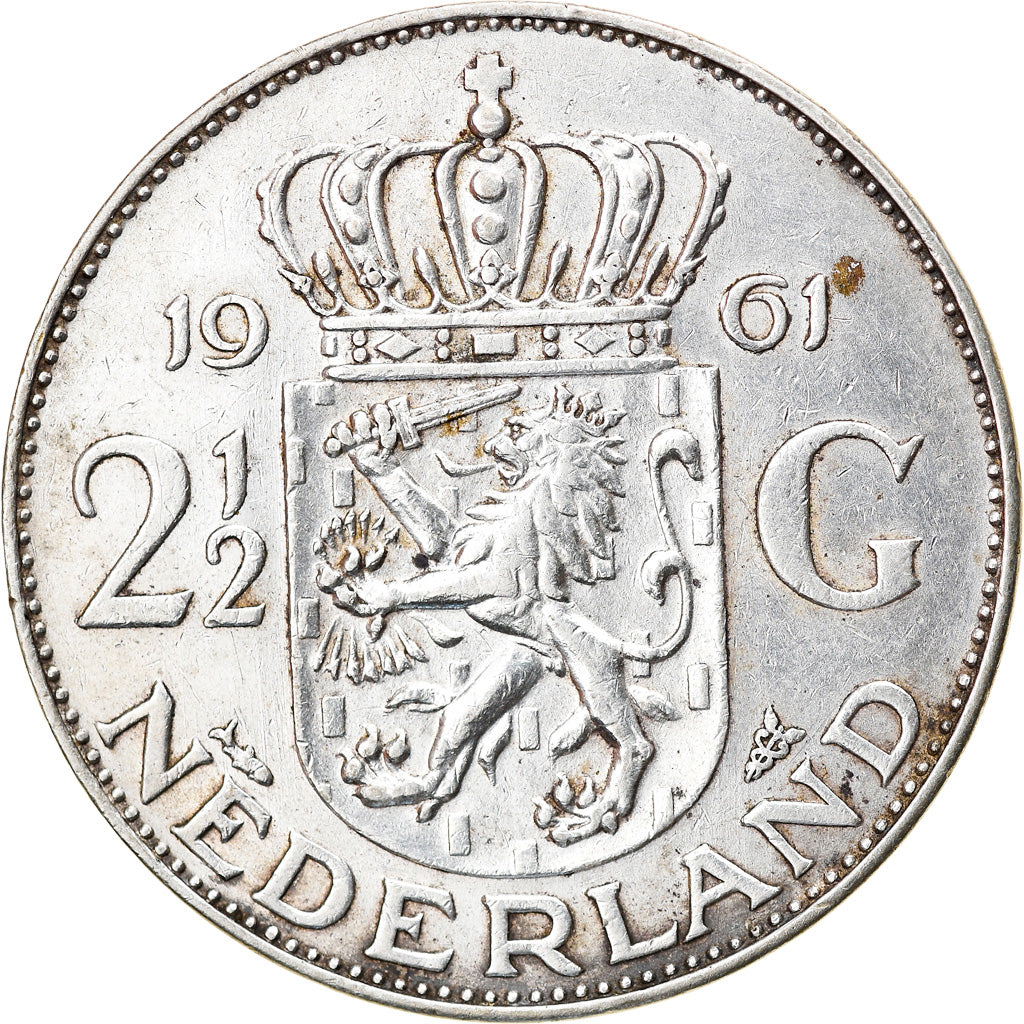 Coin, Netherlands, Juliana, 2-1/2 Gulden, 1961, EF(40-45), Silver, KM:185