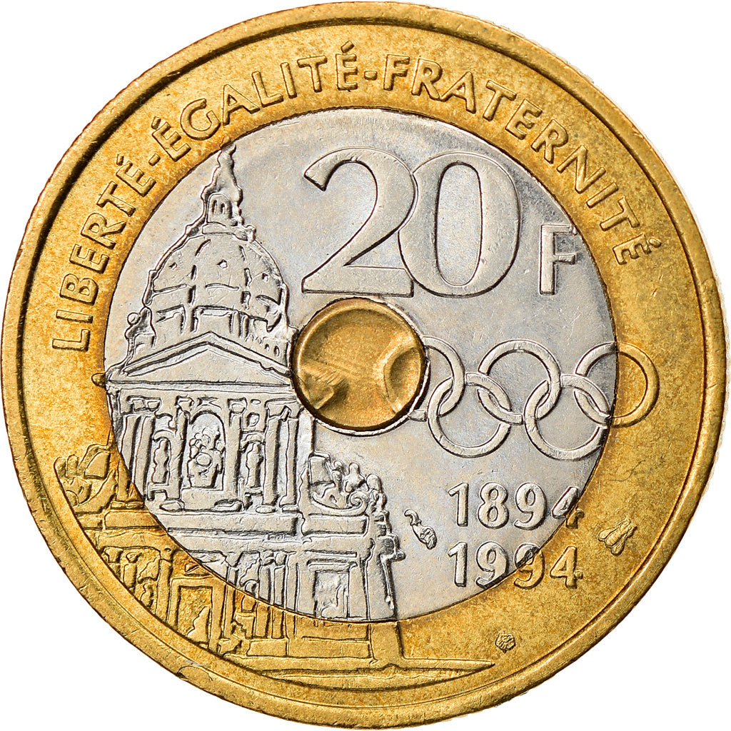 Moneta, Francia, Pierre de Coubertin, 20 Francs, 1994, BB, Tri-metallico