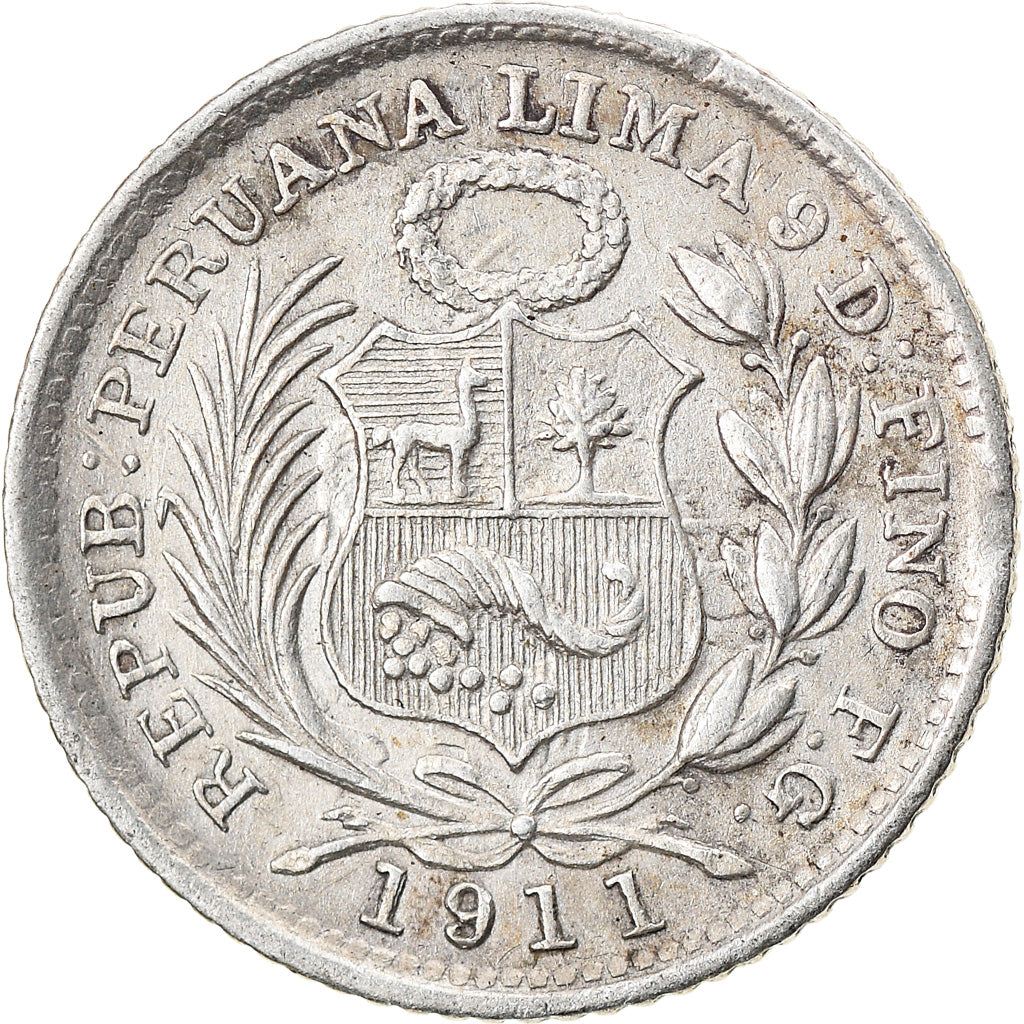 Coin, Peru, 1/2 Dinero, 1911, Lima, AU(55-58), Silver, KM:206.2