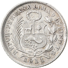 Coin, Peru, 1/2 Dinero, 1911, Lima, AU(55-58), Silver, KM:206.2