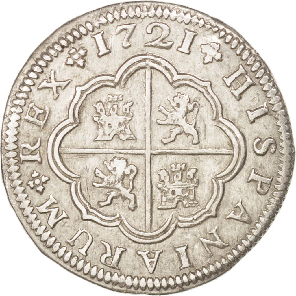 SPAIN, 2 Reales, 1721, Seville, KM #307, AU(50-53), Silver, 5.46
