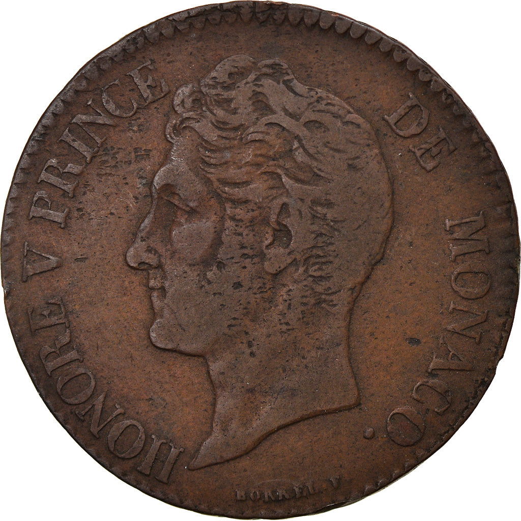 Coin, Monaco, Honore V, 5 Centimes, Cinq, 1837, Monaco, VF(30-35), Copper