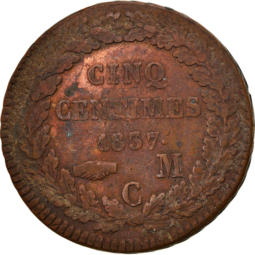 Coin, Monaco, Honore V, 5 Centimes, Cinq, 1837, Monaco, VF(30-35), Copper