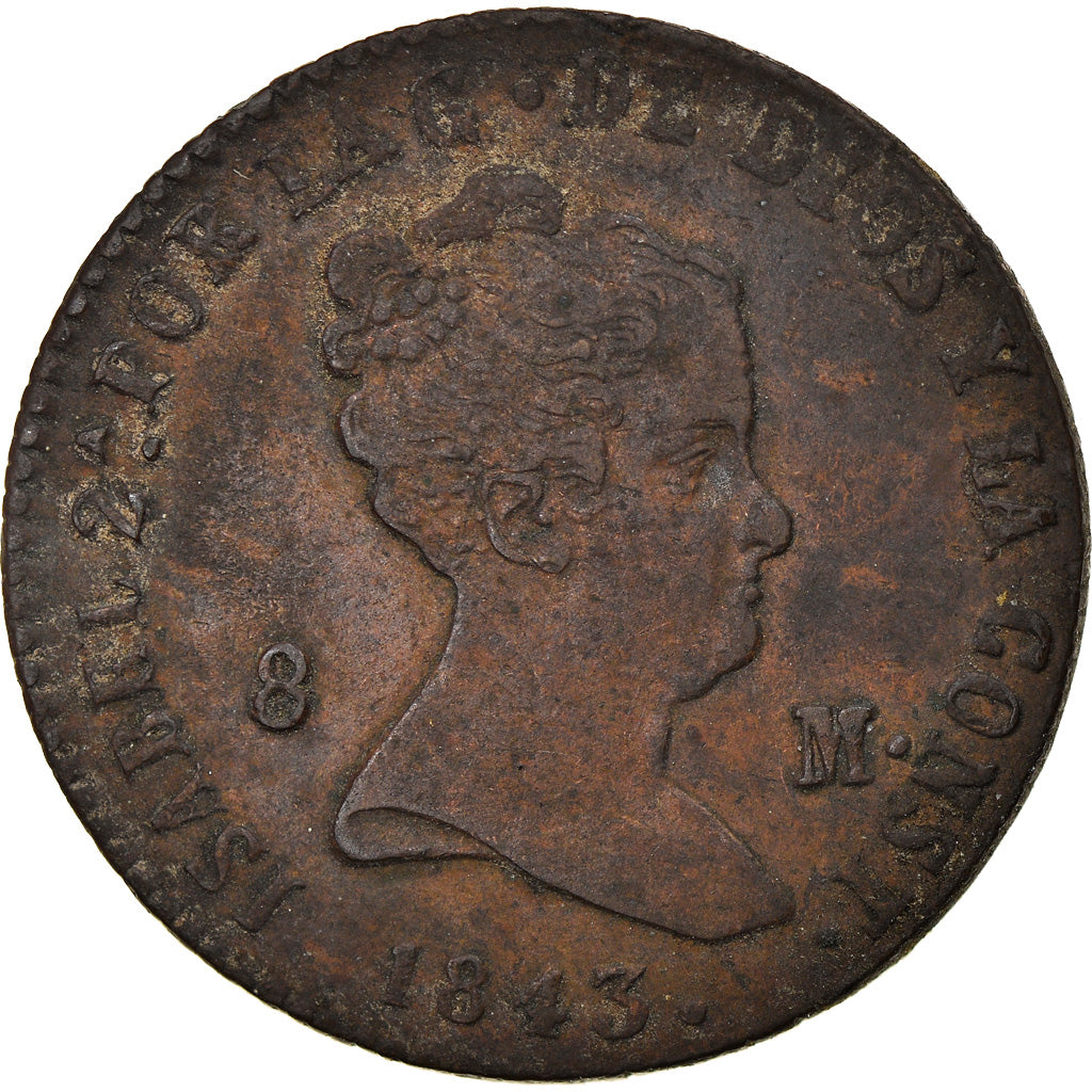 Moneda, España, Isabel II, 8 Maravedis, 1843, Jubia, MBC, Cobre, KM:531.2