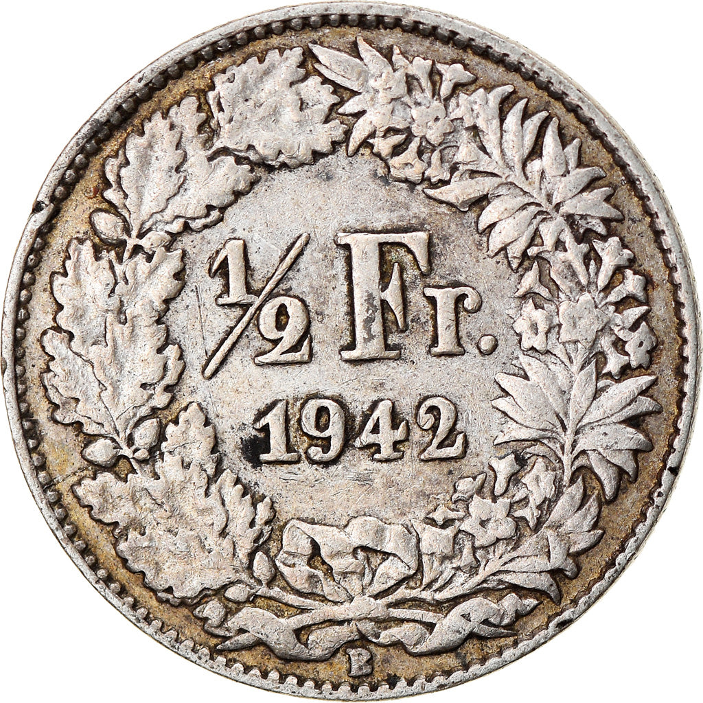 Coin, Switzerland, 1/2 Franc, 1942, Bern, VF(30-35), Silver, KM:23