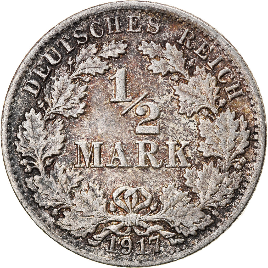 Coin, GERMANY - EMPIRE, 1/2 Mark, 1917, Berlin, EF(40-45), Silver, KM:17