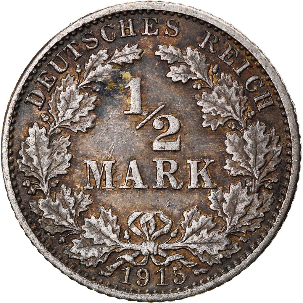 Coin, GERMANY - EMPIRE, 1/2 Mark, 1915, Berlin, EF(40-45), Silver, KM:17