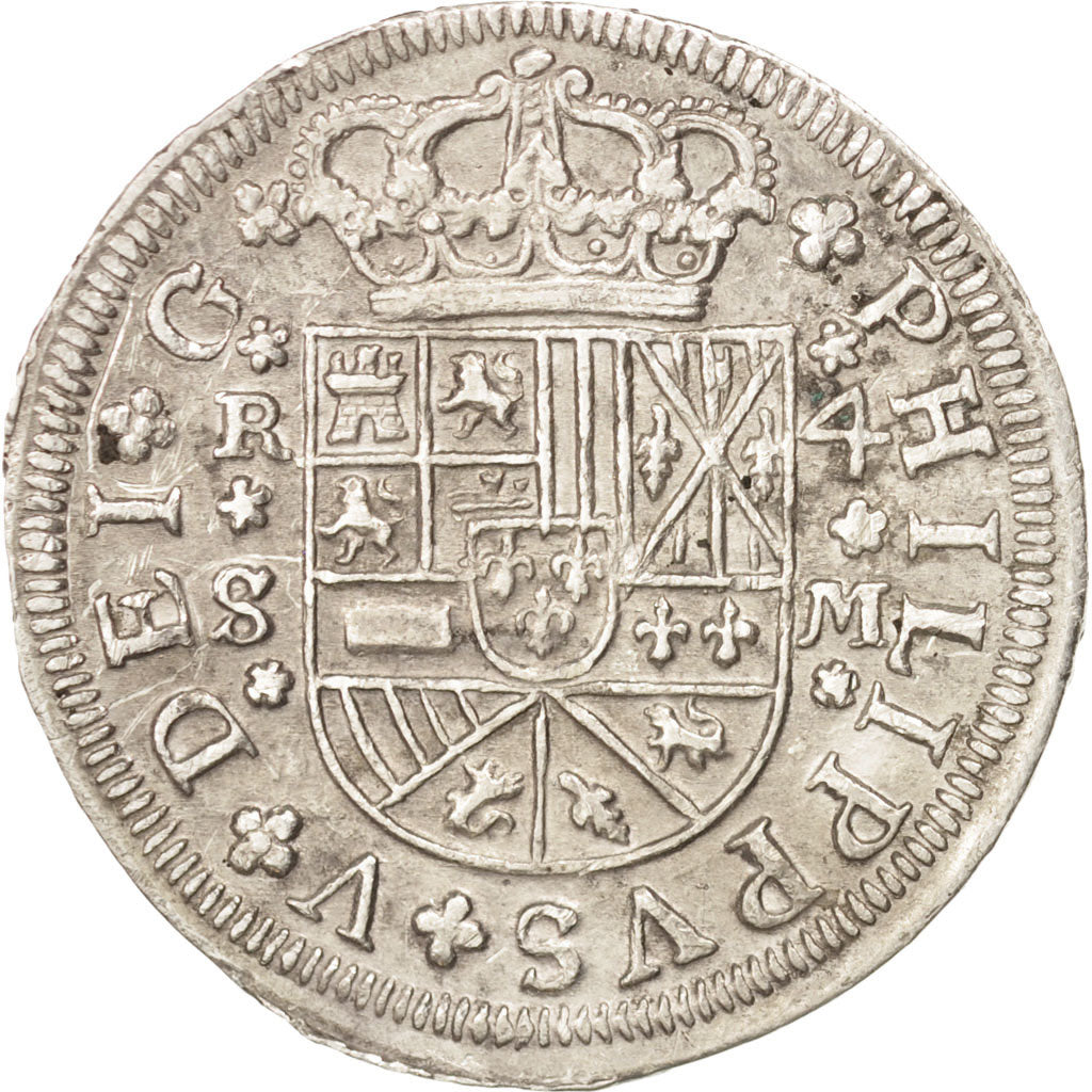SPAIN, 4 Reales, 1718, Seville, KM #309, AU(50-53), Silver, 11.33