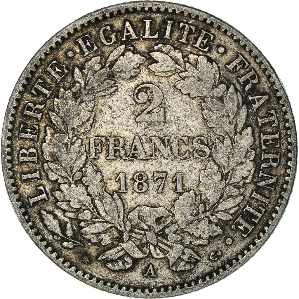Moneta, Francia, Cérès, 2 Francs, 1871, Paris, BB, Argento, KM:817.1