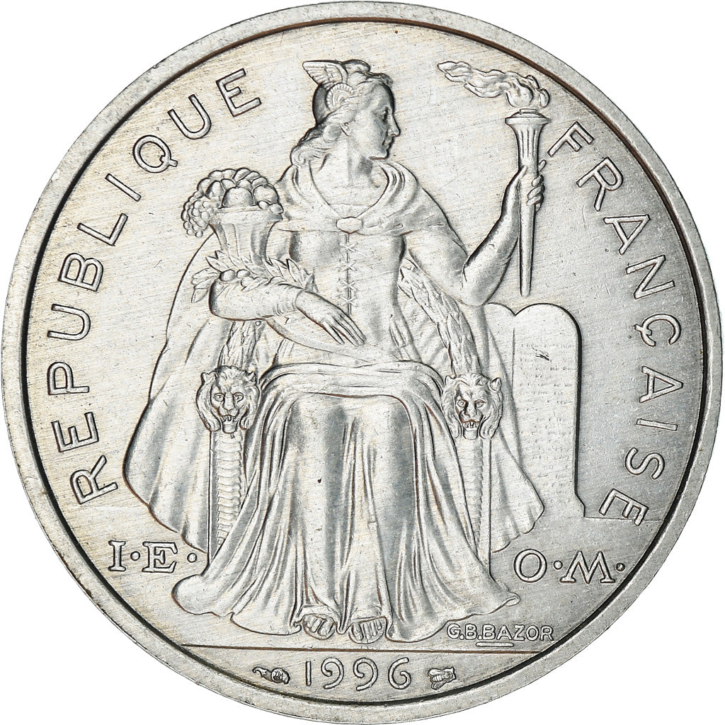 Coin, New Caledonia, 5 Francs, 1996, Paris, AU(55-58), Aluminum