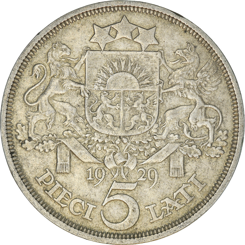 Moneta, Łotwa, 5 Lati, 1929, EF(40-45), Srebro, KM:9