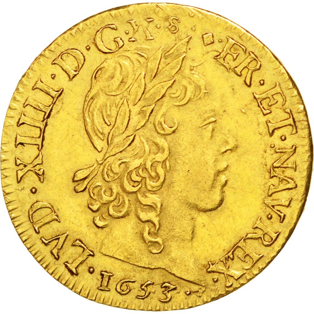 FRANCE, Louis d'or à la mèche longue, Louis D'or, 1653, Lyon, KM #157.5, AU(55-5