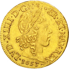 FRANCE, Louis d'or à la mèche longue, Louis D'or, 1653, Lyon, KM #157.5, AU(55-5