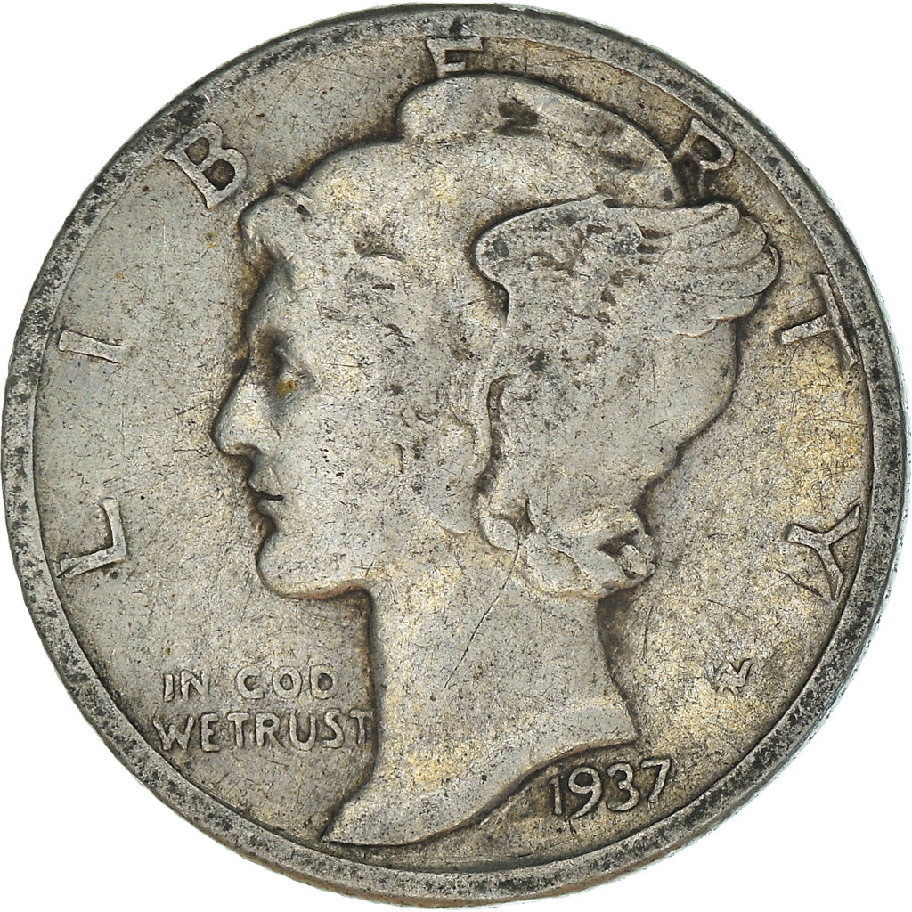 Monnaie, États-Unis, Mercury Dime, Dime, 1937, U.S. Mint, Philadelphie, TB