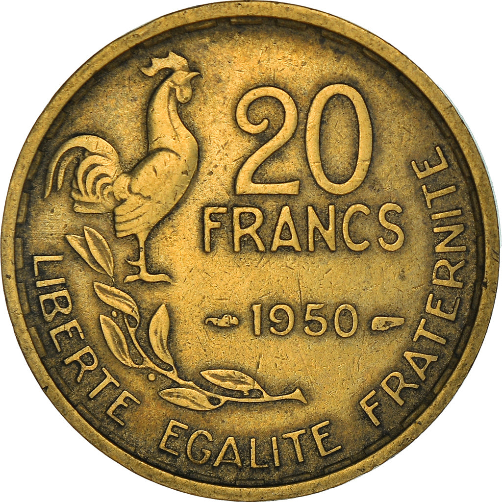 Moeda, França, Guiraud, 20 Francs, 1950, Paris, VF(30-35), Alumínio-Bronze
