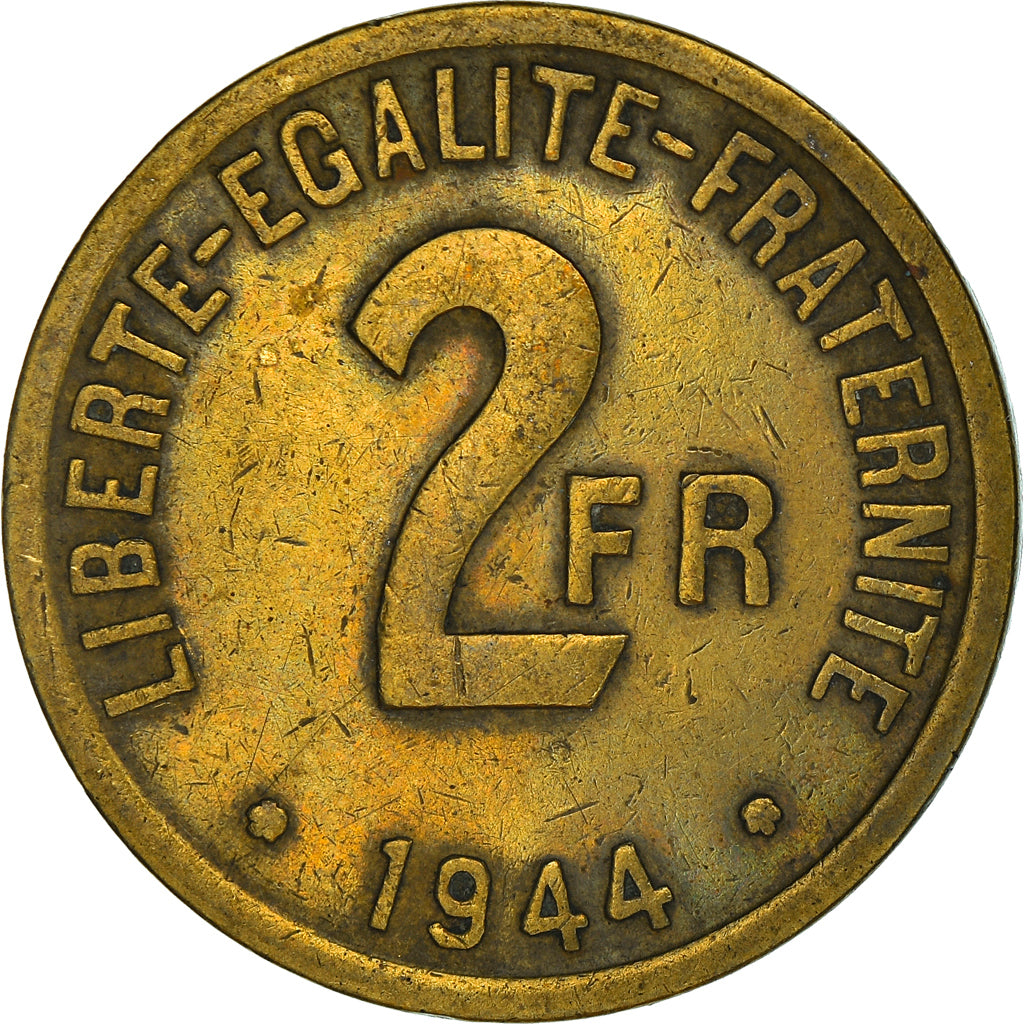 Moeda, França, France Libre, 2 Francs, 1944, Philadelphia, EF(40-45), Latão