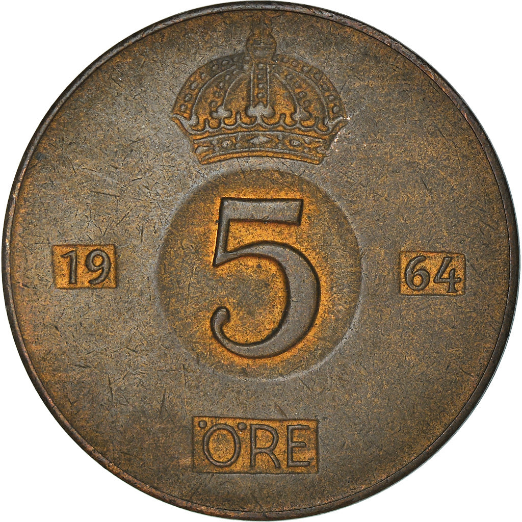 Munten, Zweden, Gustaf VI, 5 Öre, 1964, ZF+, Bronze, KM:822