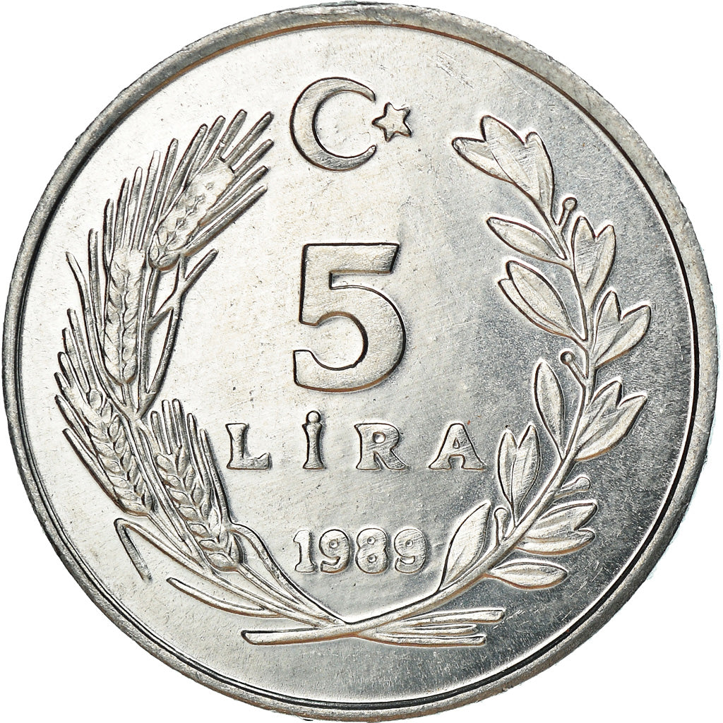 Coin, Turkey, 5 Lira, 1989, MS(64), Aluminum, KM:963