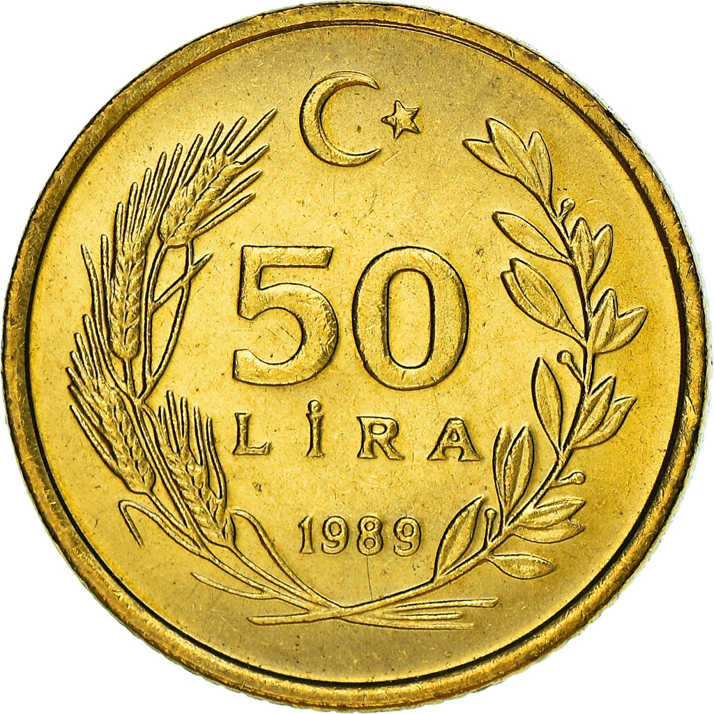 Münze, Türkei, 50 Lira, 1989, UNZ+, Aluminum-Bronze, KM:987