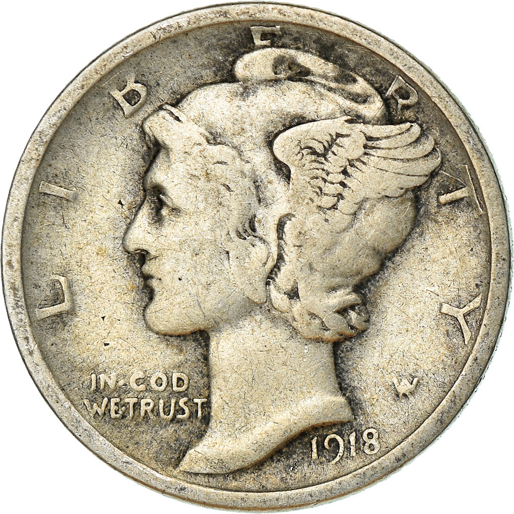 Coin, United States, Mercury Dime, Dime, 1918, Denver, VF(30-35), Silver, KM:140