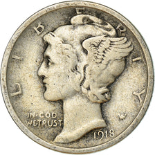 Coin, United States, Mercury Dime, Dime, 1918, Denver, VF(30-35), Silver, KM:140