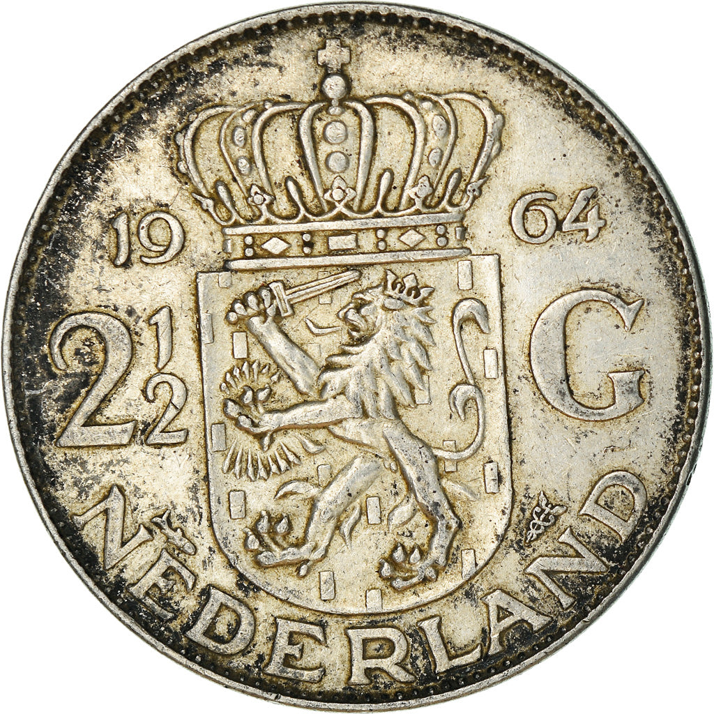 Coin, Netherlands, Juliana, 2-1/2 Gulden, 1964, EF(40-45), Silver, KM:185