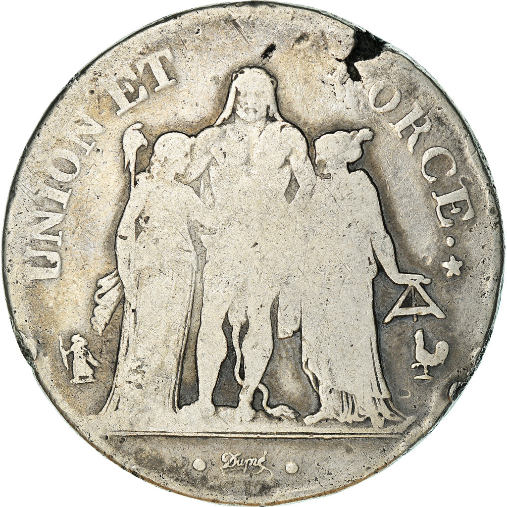 Moneta, Francia, Union et Force, 5 Francs, 1800, Paris, B+, Argento, KM:639.1