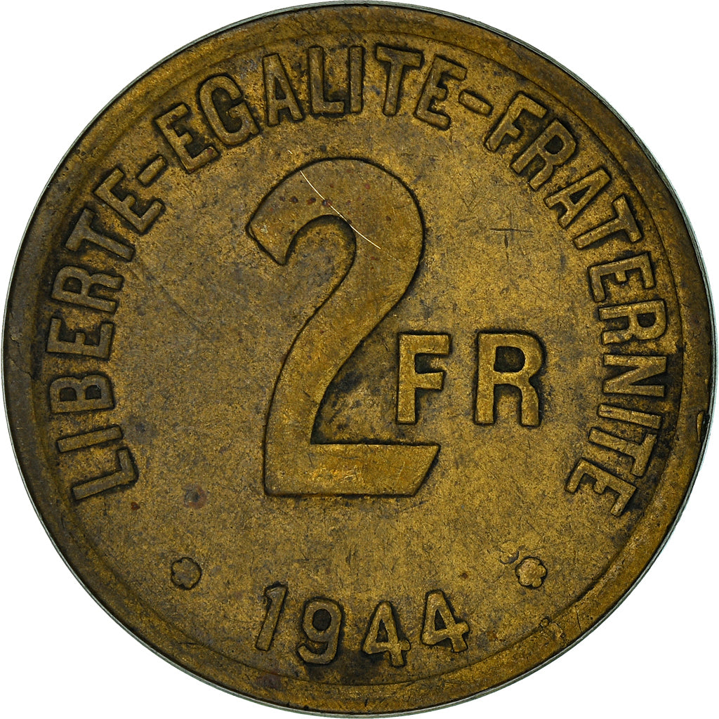 Coin, France, France Libre, 2 Francs, 1944, Philadelphia, VF(30-35), Brass