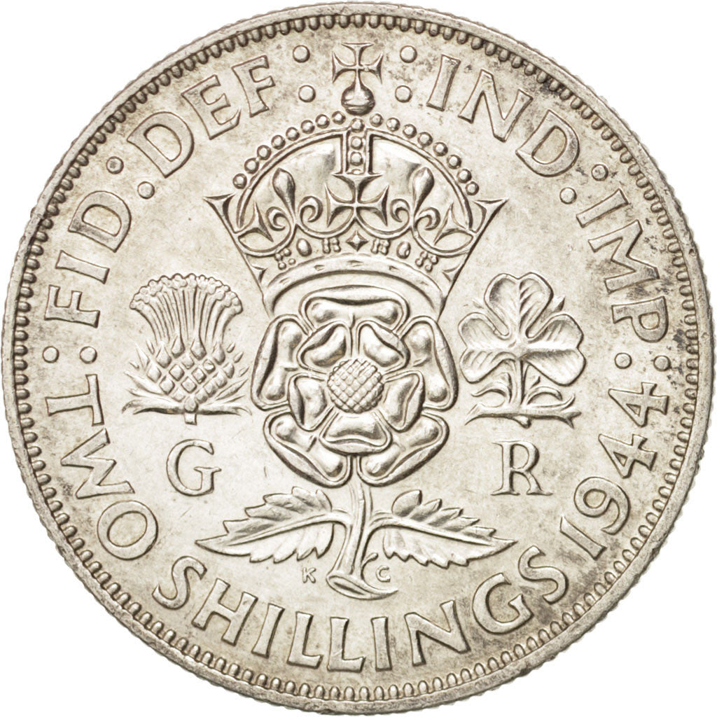 GREAT BRITAIN, Florin, Two Shillings, 1944, KM #855, AU(55-58), Silver, 28.3,...