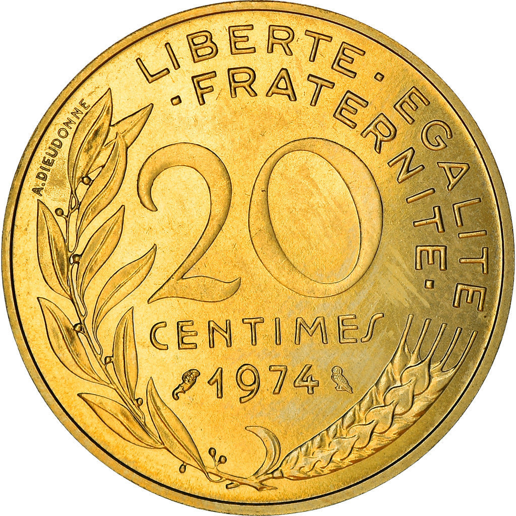 Munten, Frankrijk, Marianne, 20 Centimes, 1974, Paris, PR+, Aluminum-Bronze