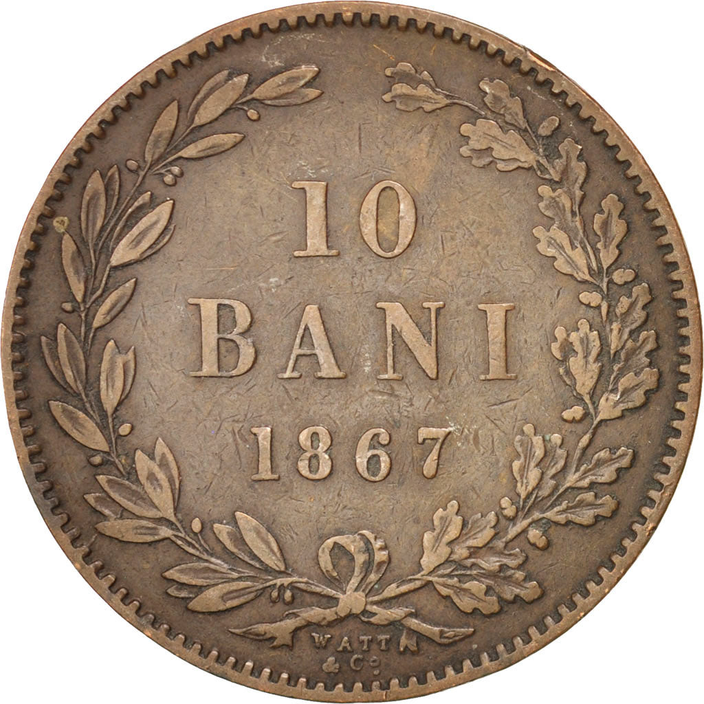 ROMANIA, 10 Bani, 1867, KM #4.2, EF(40-45), Copper, 30, 9.78