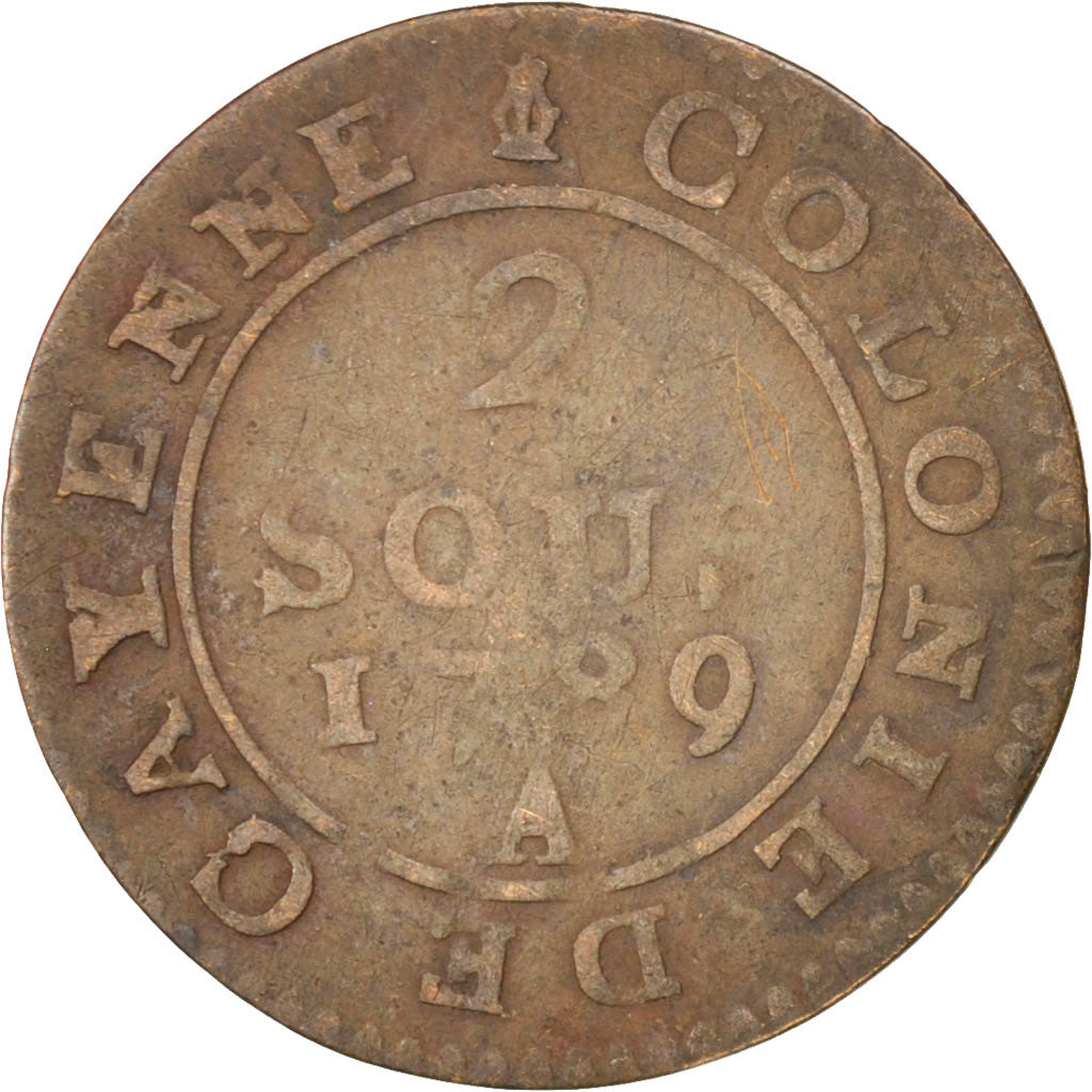 FRENCH GUIANA, 2 Sous, 1789, Paris, KM #1, VF(20-25), Billon, 23, 1.81