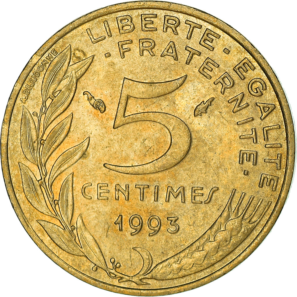 Moeda, França, Marianne, 5 Centimes, 1993, Paris, AU(50-53), Alumínio-Bronze