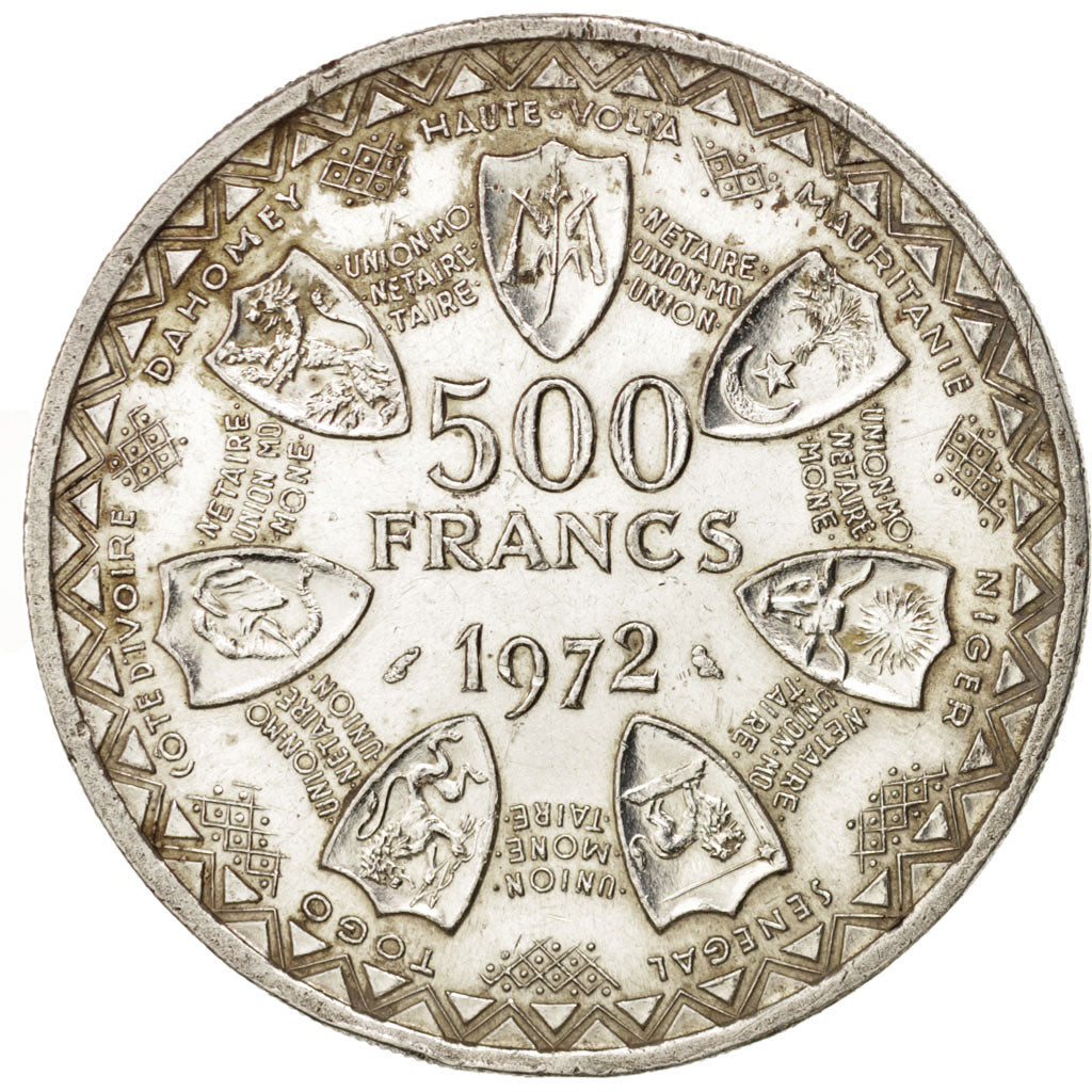 WEST AFRICAN STATES, 500 Francs, 1972, KM #7, AU(55-58), Silver, 37, 25.05
