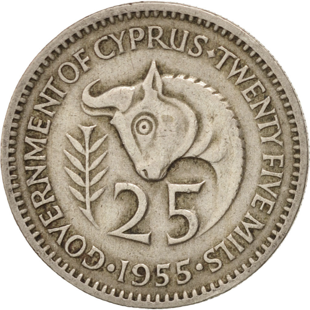 CYPRUS, 25 Mils, 1955, KM #35, VF(30-35), Copper-Nickel, 2.81