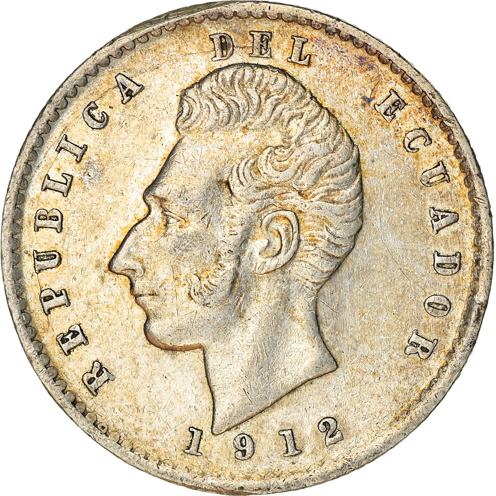 Moeda, Equador, 2 Decimos, Dos, 1912, AU(55-58), Prata, KM:51.3